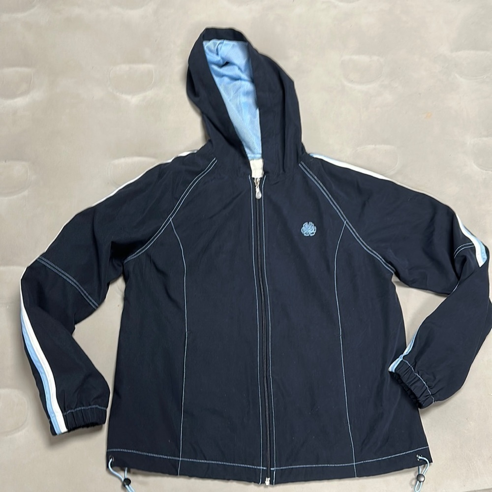 Green Tea lady Navy hoodie Mesh Lined windbreaker long sleeve rain jacket, M